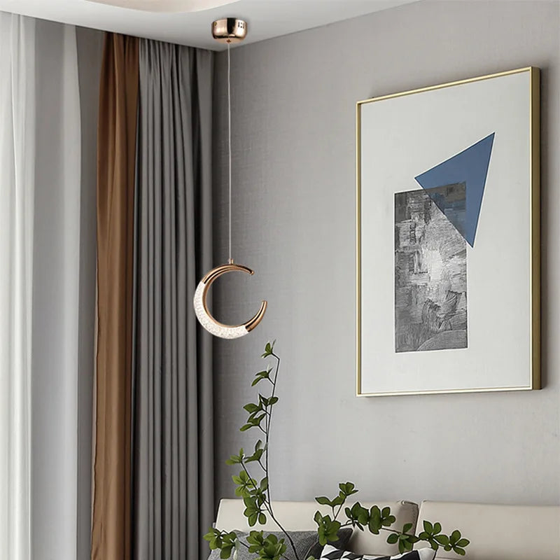 Modern LED Creative Pendant Lights Moon Crystal Hanging Lamps Bedside Lighting Bedroom Living Room Light Fixture Home Decoration