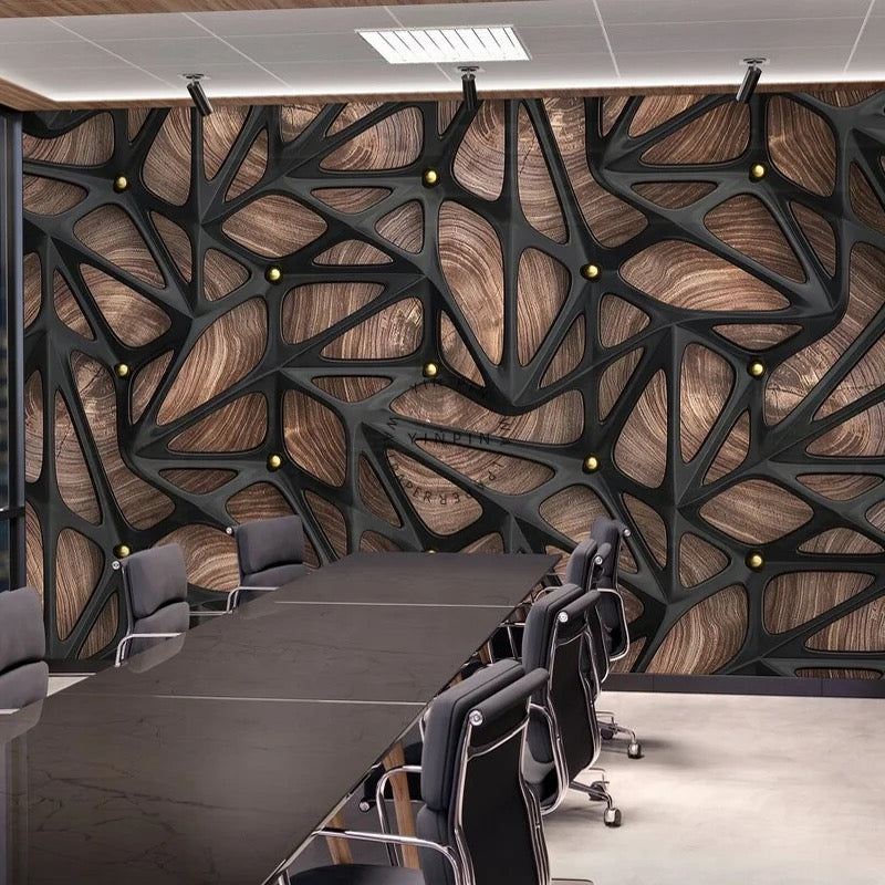 3D Black Abstract Effect Wallpaper With Woodgrain Mural