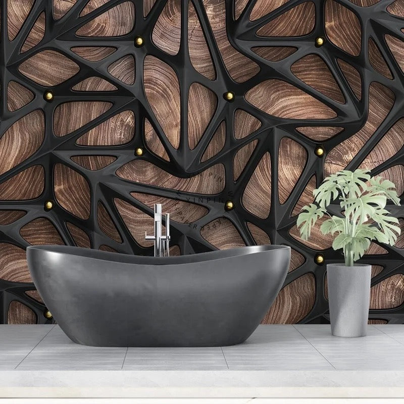 3D Black Abstract Effect Wallpaper With Woodgrain Mural